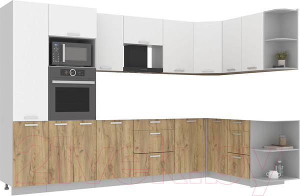 Изображение товара Кухонный гарнитур Интерлиния Мила Лайт 1.68x3.2 правая без столешницы (белый платинум/дуб золотой)