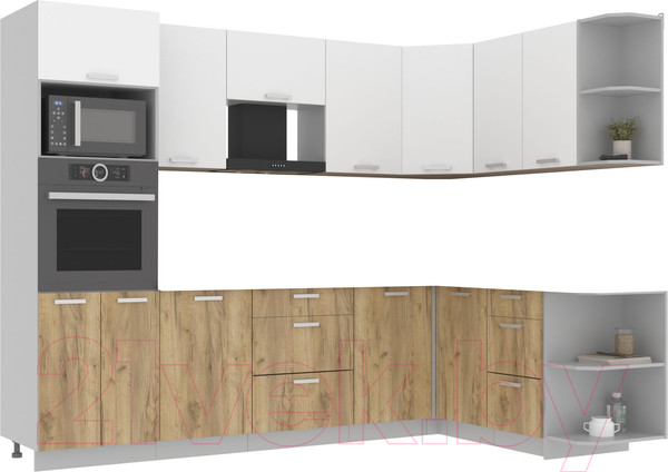Изображение товара Кухонный гарнитур Интерлиния Мила Лайт 1.68x2.8 правая без столешницы (белый платинум/дуб золотой)