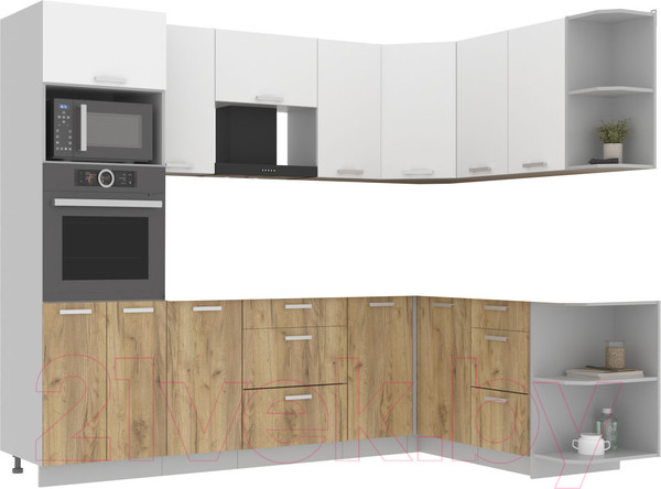 Изображение товара Кухонный гарнитур Интерлиния Мила Лайт 1.68x2.6 правая без столешницы (белый платинум/дуб золотой)