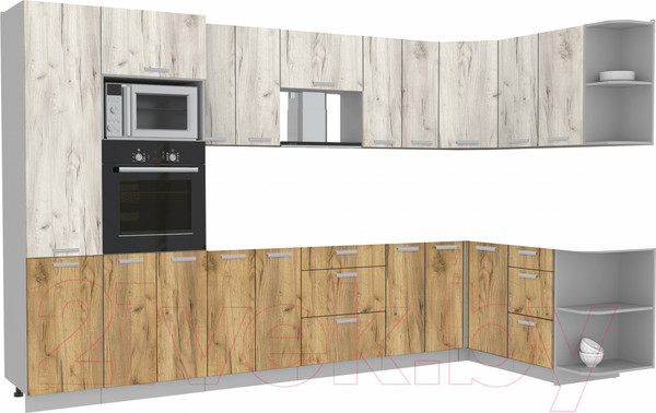 Изображение товара Кухонный гарнитур Интерлиния Мила Лайт 1.68x3.4 правая без столешницы (дуб белый/дуб золотой)