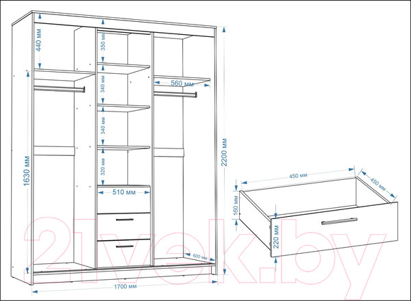 Изображение товара Шкаф-купе Евва Престиж ПР-4D2Z3S (дуб веллингтон)