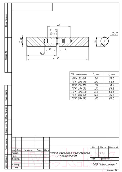 Изображение товара Петля точечная Металлист Гаражная каплевидная 20x140 б/п (с подшипником)