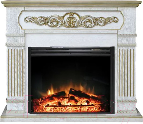 Изображение товара Каминокомплект Смолком San Marino MB/JUP/SYM26 + Jupiter FX N Black (белый дуб/патина золото)