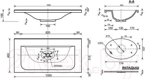 Изображение товара Умывальник Эстет Бали 100x45 / ФР-00001663