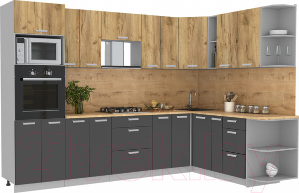 Изображение товара Кухонный гарнитур Интерлиния Мила Лайт 1.88x3.0 правая без столешницы (дуб золотой/антрацит)