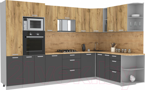 Изображение товара Кухонный гарнитур Интерлиния Мила Лайт 1.88x3.2 правая без столешницы (дуб золотой/антрацит)