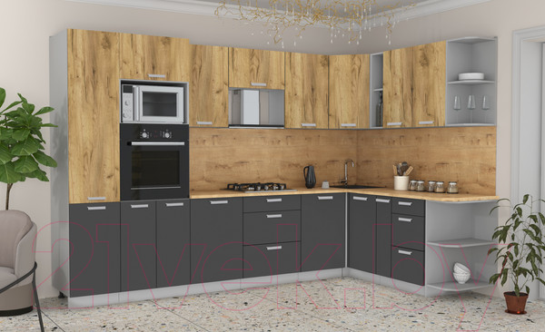Изображение товара Кухонный гарнитур Интерлиния Мила Лайт 1.88x3.2 правая без столешницы (дуб золотой/антрацит)