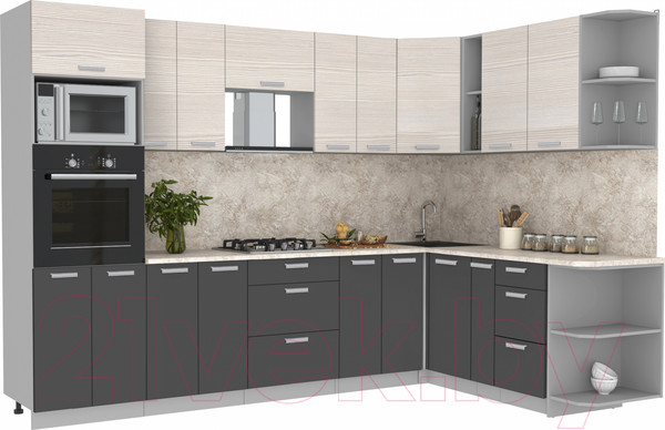 Изображение товара Кухонный гарнитур Интерлиния Мила Лайт 1.88x3.0 правая без столешницы (вудлайн кремовый/антрацит)