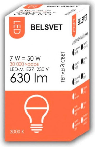 Изображение товара Лампа Belsvet 7W 220V E27 3000K LED-М G45