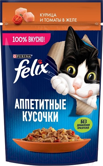 Изображение товара Влажный корм для кошек Felix Аппетитные кусочки с курицей и томатами в желе (75г)