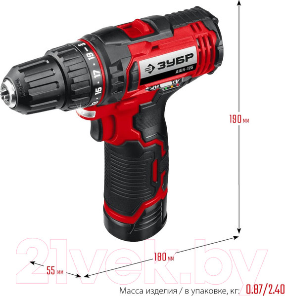 Изображение товара Аккумуляторная дрель-шуруповерт Зубр ДШЛ-125-22