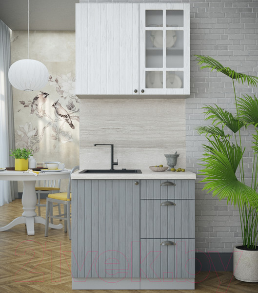 Изображение товара Кухонный гарнитур Интерлиния Берес 0.9А (дуб полярный/дуб серый/травертин серый)