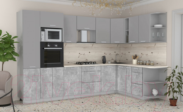 Изображение товара Кухонный гарнитур Интерлиния Мила Лайт 1.88x3.2 правая без столешницы (серебристый/бетон)