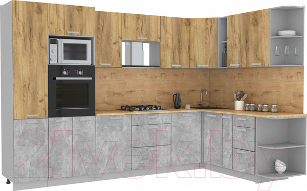Изображение товара Кухонный гарнитур Интерлиния Мила Лайт 1.88x3.2 правая без столешницы (дуб золотой/бетон)
