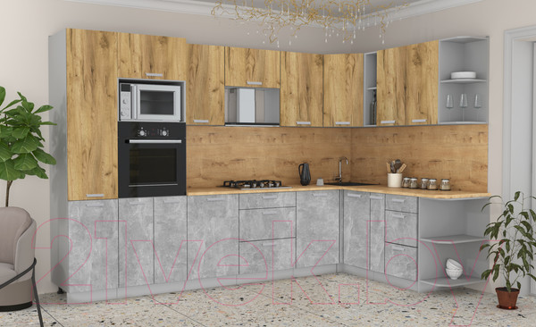 Изображение товара Кухонный гарнитур Интерлиния Мила Лайт 1.88x3.2 правая без столешницы (дуб золотой/бетон)