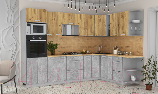 Изображение товара Кухонный гарнитур Интерлиния Мила Лайт 1.88x3.0 правая без столешницы (дуб золотой/бетон)