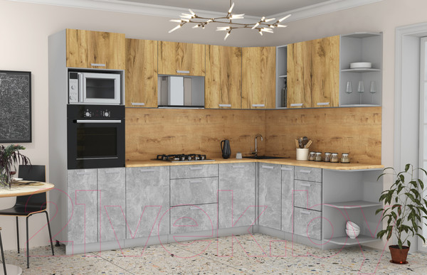 Изображение товара Кухонный гарнитур Интерлиния Мила Лайт 1.88x2.8 правая без столешницы (дуб золотой/бетон)