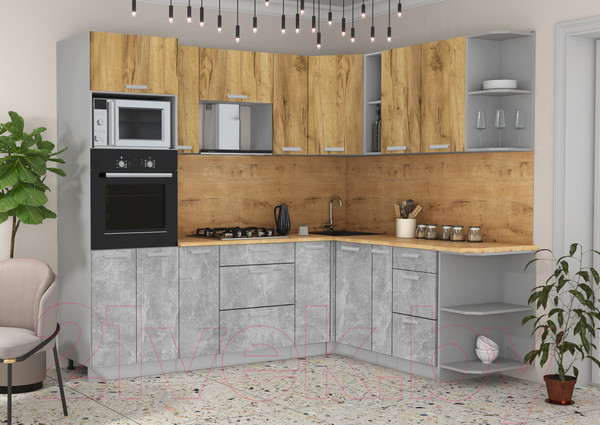 Изображение товара Кухонный гарнитур Интерлиния Мила Лайт 1.88x2.4 правая без столешницы (дуб золотой/бетон)