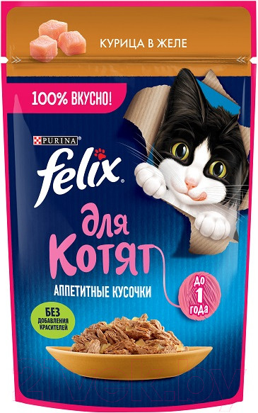 Изображение товара Влажный корм для кошек Felix Аппетитные кусочки с курицей для котят (75г)