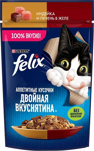 Изображение товара Влажный корм для кошек Felix Аппетитные кусочки. Двойная вкуснятина индейка и печень желе (75г)