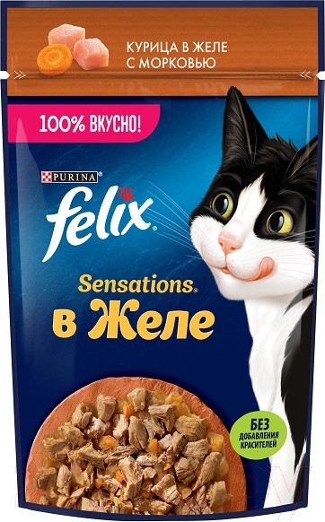 Изображение товара Влажный корм для кошек Felix Sensations с курицей и морковью в желе (75г)