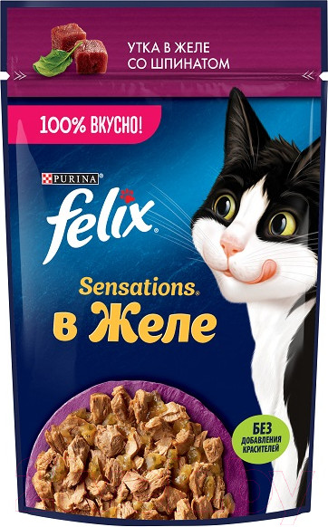 Изображение товара Влажный корм для кошек Felix Sensations с уткой и шпинатом в желе (75г)