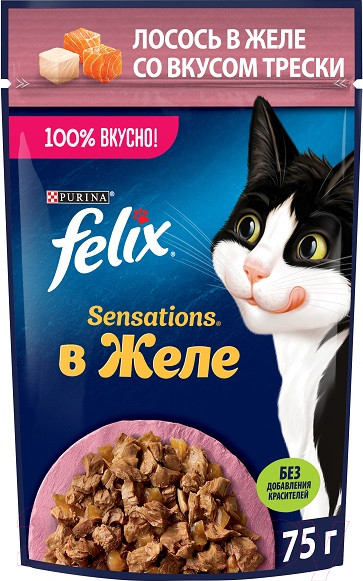 Изображение товара Влажный корм для кошек Felix Sensations с лососем в желе со вкусом трески (75г)