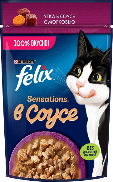 Изображение товара Влажный корм для кошек Felix Sensations Sauce Surprise с уткой и морковью в соусе (75г)