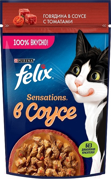 Изображение товара Влажный корм для кошек Felix Sensations Sauce Surprise с говядиной и томатом в соусе (75г)