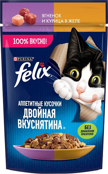 Изображение товара Влажный корм для кошек Felix Аппетитные кусочки. Двойная вкуснятина ягненка и курицы в желе (75г)