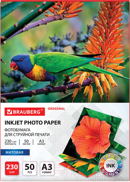 Изображение товара Фотобумага Brauberg Original А3 230 г/м2 / 363997 (50л, матовый)