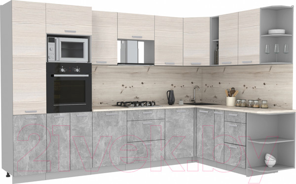 Изображение товара Кухонный гарнитур Интерлиния Мила Лайт 1.88x3.2 правая без столешницы (вудлайн кремовый/бетон)