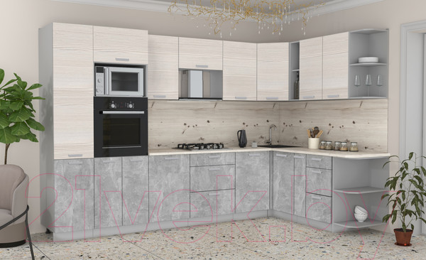 Изображение товара Кухонный гарнитур Интерлиния Мила Лайт 1.88x3.2 правая без столешницы (вудлайн кремовый/бетон)