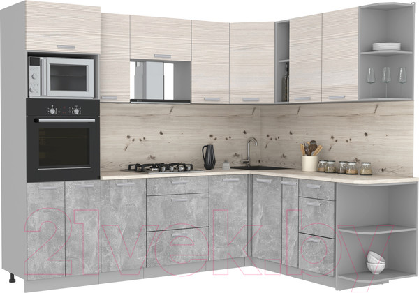 Изображение товара Кухонный гарнитур Интерлиния Мила Лайт 1.88x2.6 правая без столешницы (вудлайн кремовый/бетон)