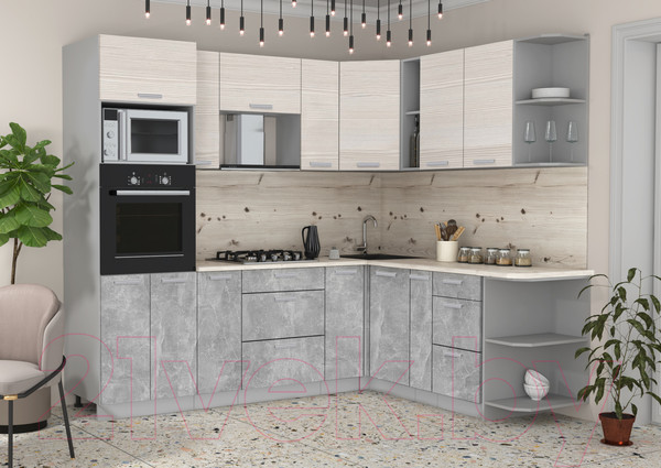 Изображение товара Кухонный гарнитур Интерлиния Мила Лайт 1.88x2.4 правая без столешницы (вудлайн кремовый/бетон)