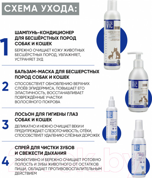 Изображение товара Шампунь для животных Doctor VIC С кератином и провитамином В5 для бесшерстных кошек (250мл)