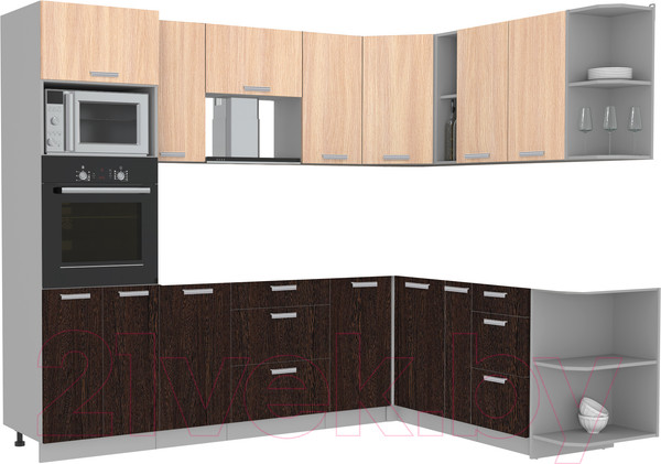 Изображение товара Кухонный гарнитур Интерлиния Мила Лайт 1.88x2.6 правая без столешницы (дуб молочный/дуб венге)