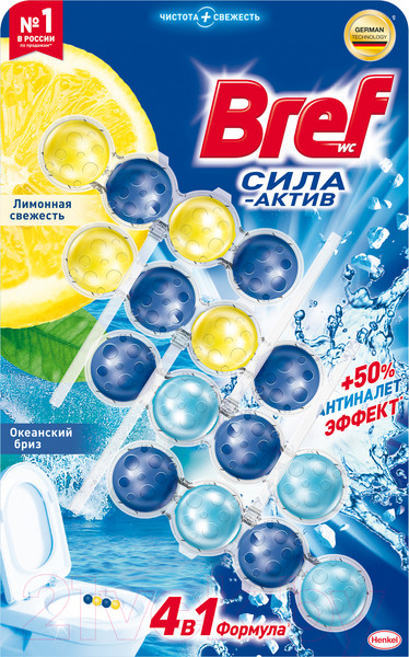 Изображение товара Чистящее средство для унитаза Бреф Сила-Актив Лимонная свежесть Океанский бриз (4x50г)