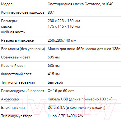 Изображение товара Светодиодная маска для омоложения кожи лица Gezatone m1040 / 1301321