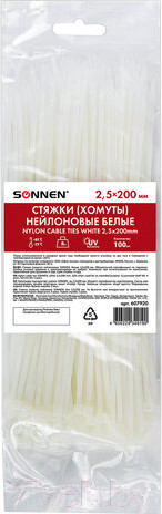 Изображение товара Стяжка для кабеля Sonnen Power Lock / 607920 (100шт, белый)