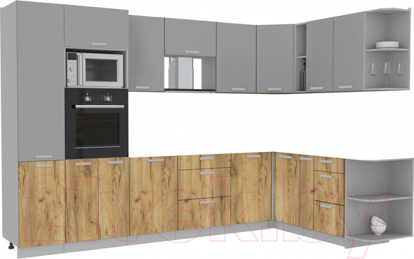 Изображение товара Кухонный гарнитур Интерлиния Мила Лайт 1.88x3.2 правая без столешницы (серебристый/дуб золотой)