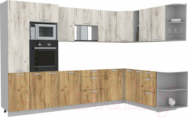 Изображение товара Кухонный гарнитур Интерлиния Мила Лайт 1.88x3.2 правая без столешницы (дуб белый/дуб золотой)
