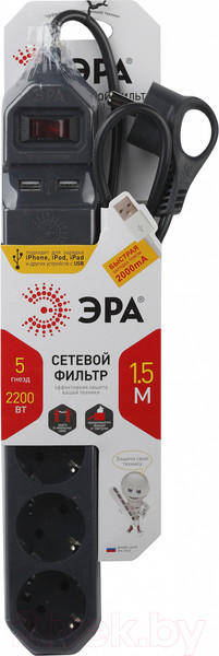 Изображение товара Сетевой фильтр ЭРА 5x1.5м 10А IP20 2xUSB ПВС 3x0.75 / Б0019036