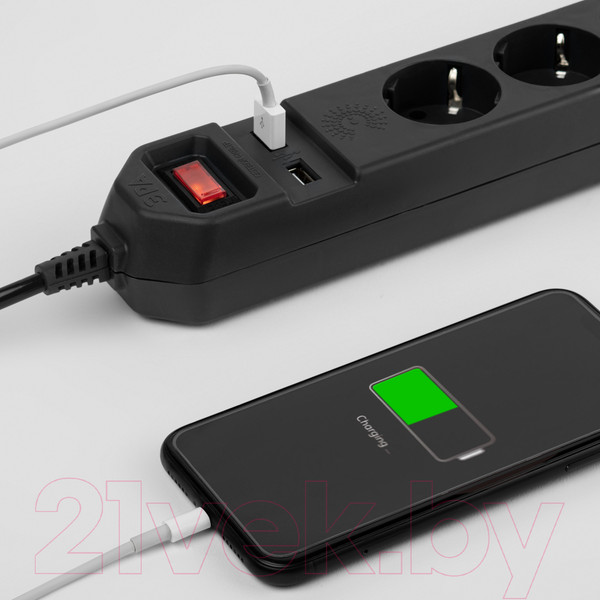 Изображение товара Сетевой фильтр ЭРА 5x1.5м 10А IP20 2xUSB ПВС 3x0.75 / Б0019036