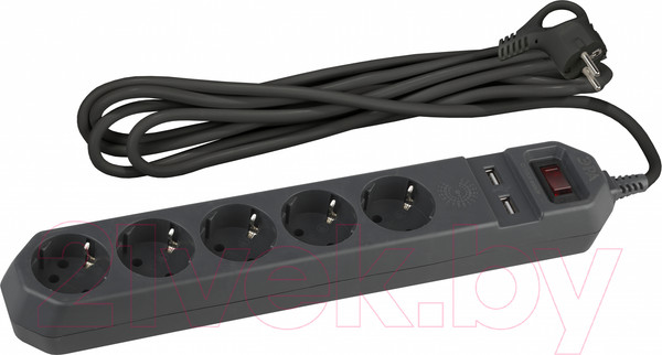 Изображение товара Сетевой фильтр ЭРА 5x1.5м 10А IP20 2xUSB ПВС 3x0.75 / Б0019036
