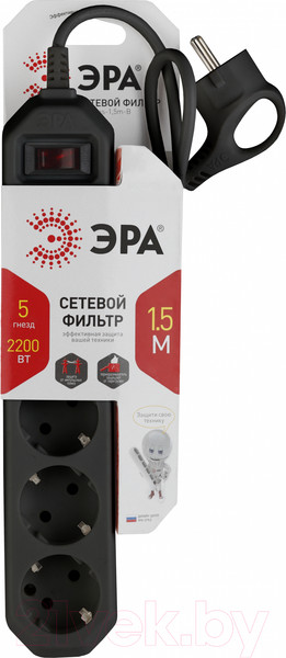 Изображение товара Сетевой фильтр ЭРА 5x1.5м 10А IP20 USF-5es-1.5m-B ПВС 3x0.75 / Б0019032