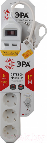 Изображение товара Сетевой фильтр ЭРА 5x1.5м 10А IP20 2хUSB ПВС 3x0.75 / Б0019037