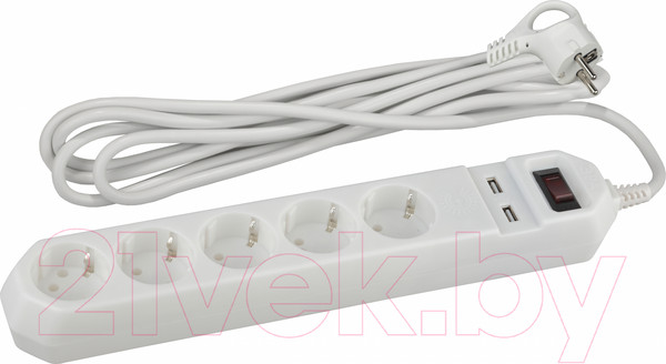 Изображение товара Сетевой фильтр ЭРА 5x1.5м 10А IP20 2хUSB ПВС 3x0.75 / Б0019037