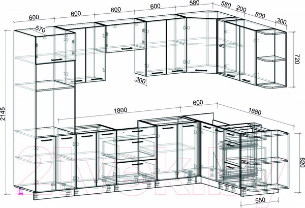 Изображение товара Кухонный гарнитур Интерлиния Мила Лайт 1.88x3.0 правая без столешницы (дуб золотой)