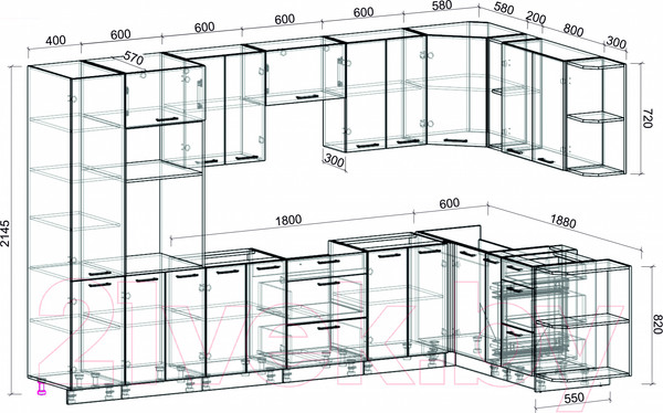 Изображение товара Кухонный гарнитур Interline Мила Лайт 1.88x3.4 правая без столешницы (белый платинум/дуб золото)